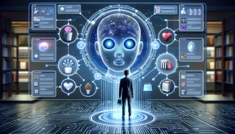 DALL·E 2024-03-20 14.24.34 - Visualize an e-commerce interface where an artificial intelligence avatar, represented as a futuristic and friendly digital entity, interacts with a u